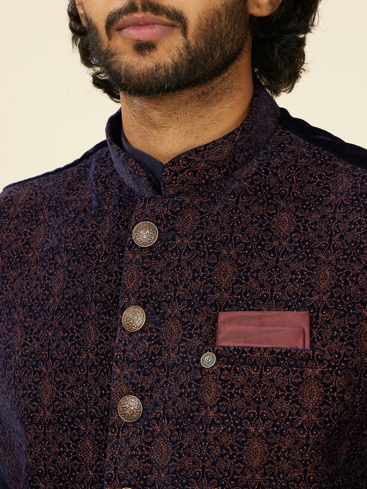 alt message - Manyavar Men Dark Blue Self-Textured Nehru Jacket image number 1